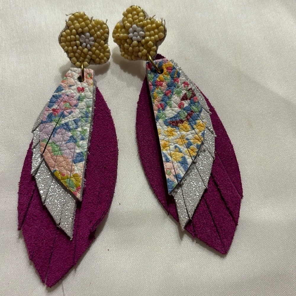 Floral Seed Bead Earrings with Multicolor and Fuchsia Leather Accents